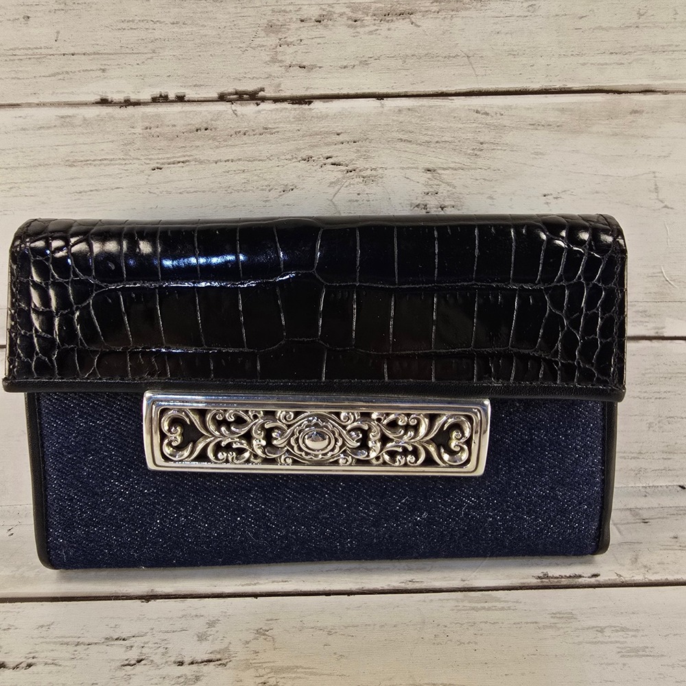 Brighton‎ Crossbody Wallet Bag Denim Croc Embossed Leather Black Blue Silver